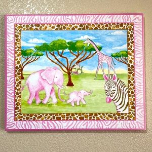 Safari Adventures Pink Elephant Giraffe & Zebra Canvas Wall Art 24” x 20”